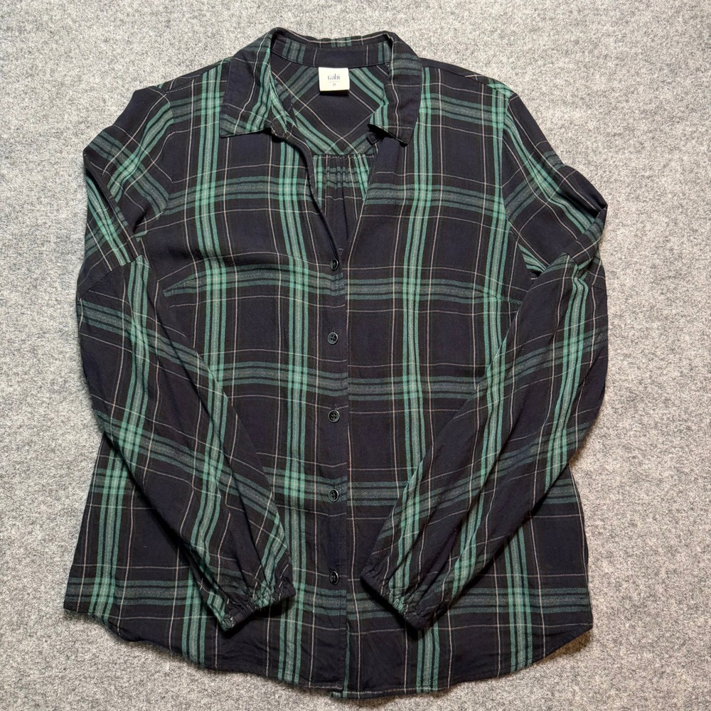 CABİ Plaid Button Down Blouse Navy Green Viscose Long Sleeve Top‎ Medium